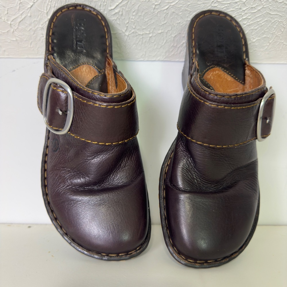 Born Womens Dark Brown Leather Buckle‎ Wedge Clogs Mules Shoes W61324 Size 8 39
